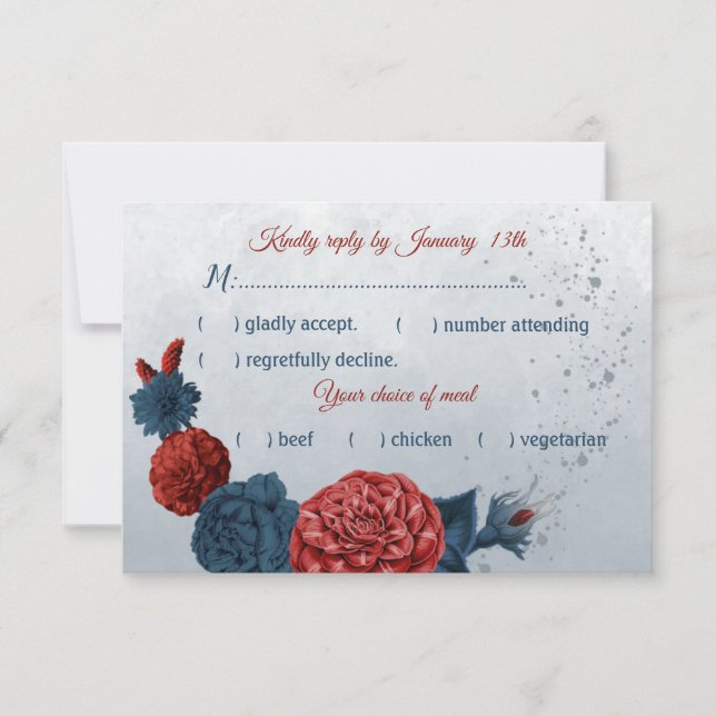 Cartão RSVP marinho azul e flores vermelhas escolha de refeiçã (Frente)