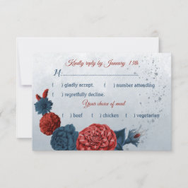 Cartão RSVP marinho azul e flores vermelhas escolha de refeiçã