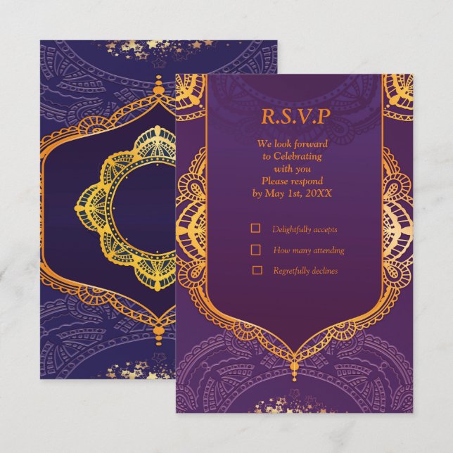 Cartão RSVP Marinho Azul e/ou Violeta com Mandalas Douradas (Frente/Verso)