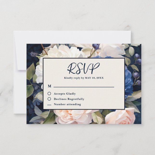 Cartão RSVP Marinho Azul e Pincel Pintado Casamento Floral Ros (Frente)