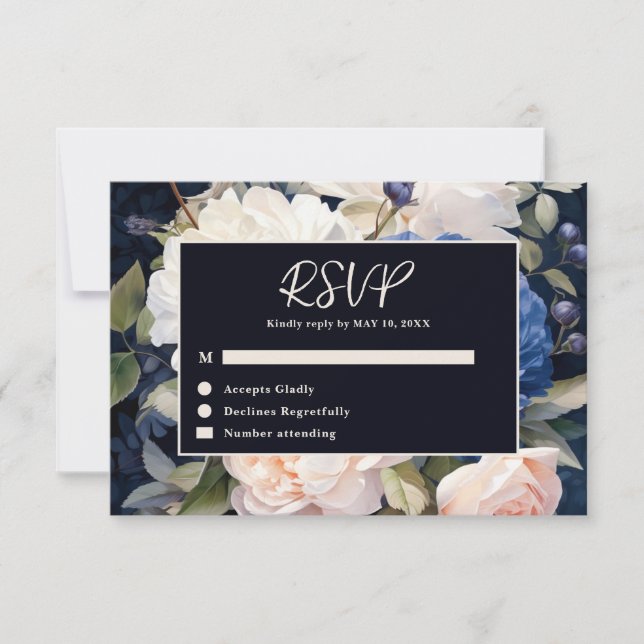 Cartão RSVP Marinho Azul e Pincel Pintado Casamento Floral Ros (Frente)