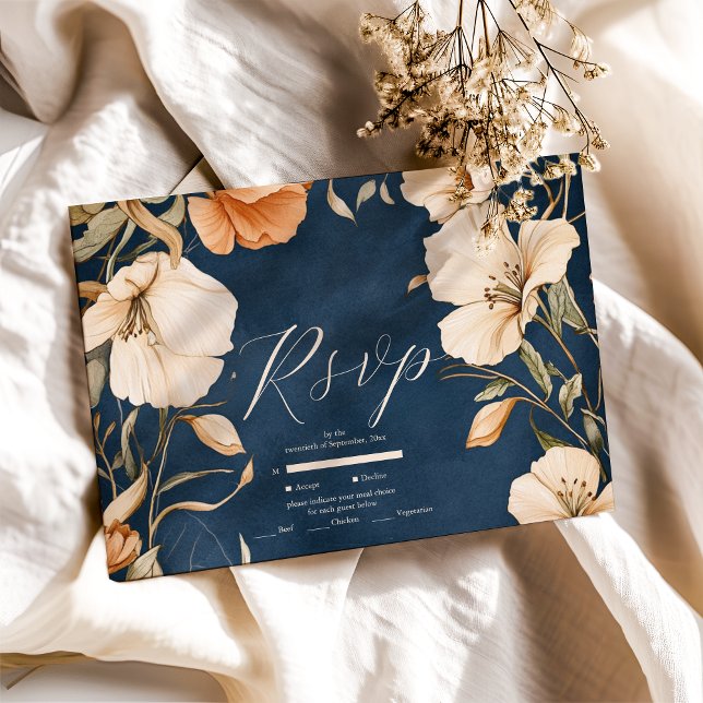 Cartão RSVP Marinho Azul Elegante Ivory Floral Casamento (Criador carregado)