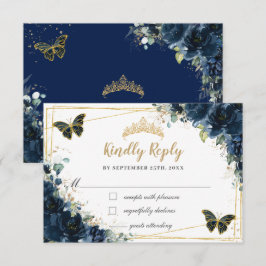 Cartão RSVP Marinho Azul Floral Dourada Borboleta Quinceañera 