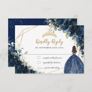 Cartão RSVP Marinho Azul Floral Dourada Princesa Quinceañera R