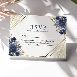 Cartão RSVP Marinho Azul Floral Dourado Geométrico