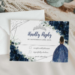 Cartão RSVP Marinho Azul Floral Princesa Prateada Quinceañera 