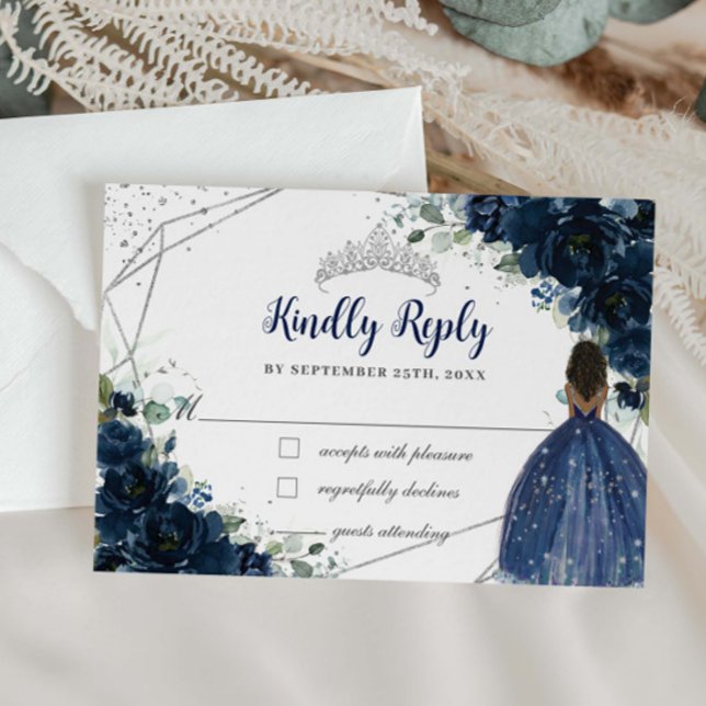 Cartão RSVP Marinho Azul Floral Princesa Prateada Quinceañera  (Criador carregado)