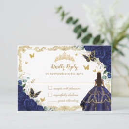 Cartão RSVP Marinho Azul Floral Quinceañera Princesa Coroa Dou