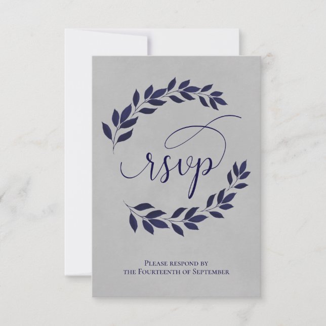 Cartão RSVP Marinho Azul-Laurel Sai do Casamento Elegante das  (Frente)