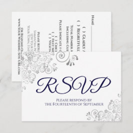 Cartão RSVP Marinho Azul no Casamento de Lace Silver Elegante