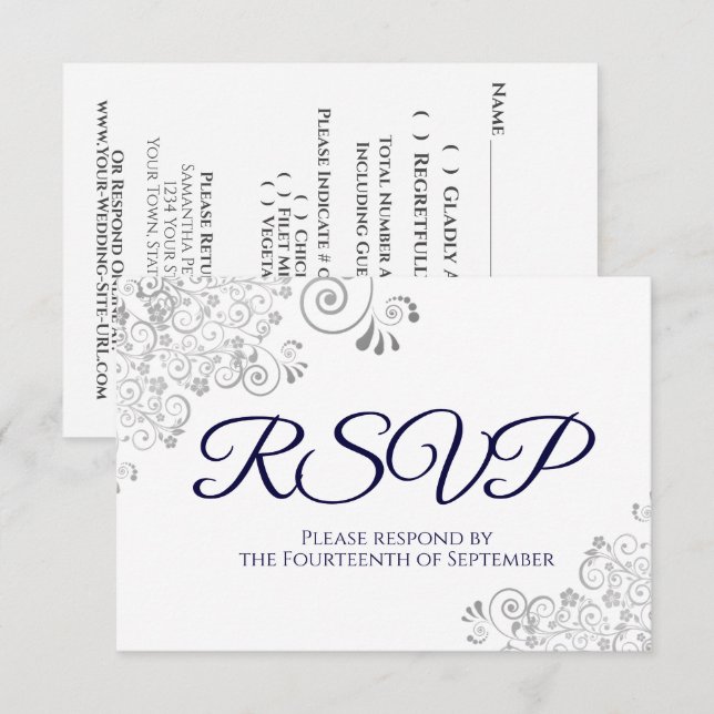 Cartão RSVP Marinho Azul no Casamento de Lace Silver Elegante  (Frente/Verso)