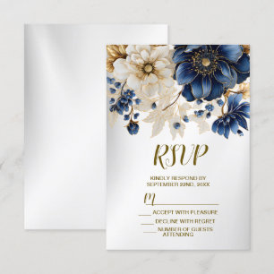 Cartão RSVP Marinho Azul Ouro Branco Prata Floral
