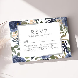 Cartão RSVP Marinho Azul Padrão Floral Casamento de Aquarela