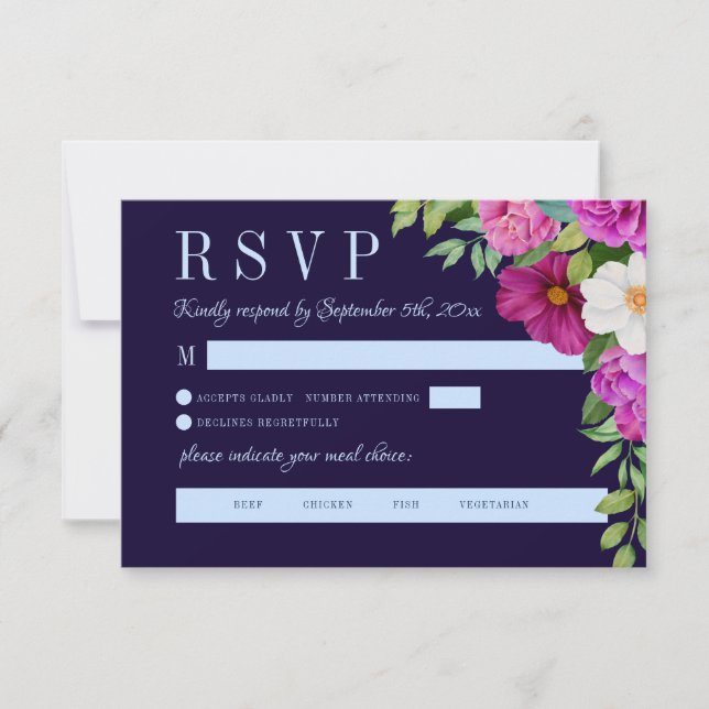 Cartão RSVP Marinho Azul Púrpura Flores Rosa Negrito Escolha d (Frente)