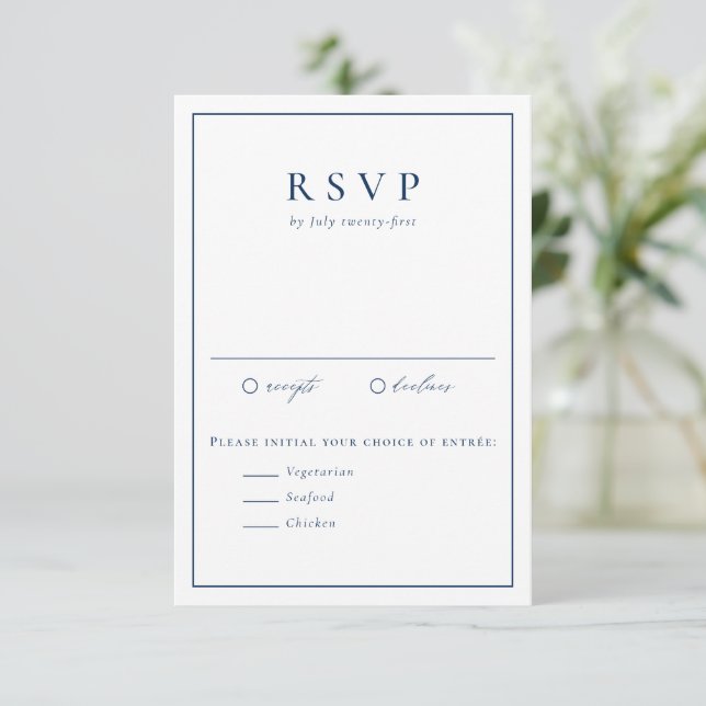 Cartão RSVP Marinho Azul Simples Tipografia Casamento Formal (Em pé/Frente)