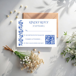Cartão RSVP Marinho azul vintage borda floral casamento qr