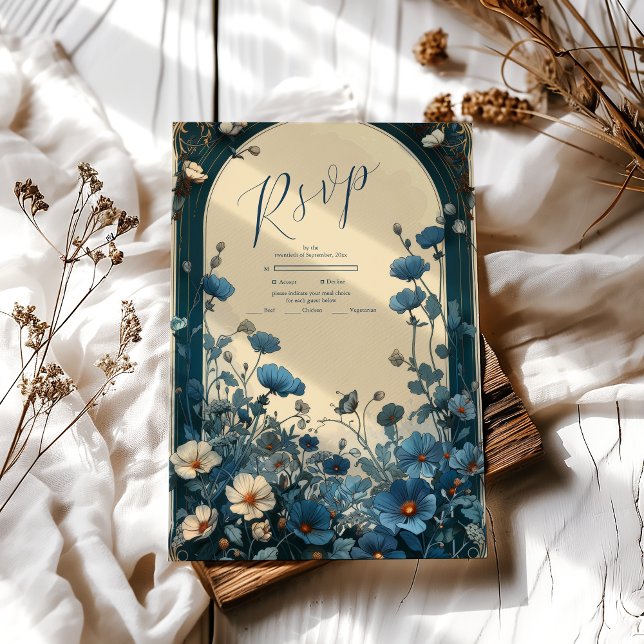 Cartão RSVP Marinho Blue Art Nouveau Casamento (Criador carregado)