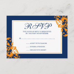 Cartão RSVP Marinho Blue e Orange Flourish Swirls Casamento RS