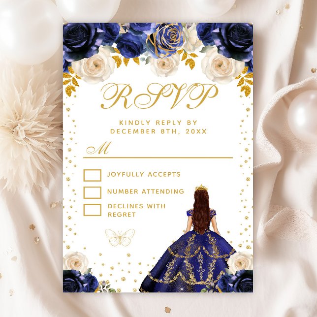 Cartão RSVP Marinho Blue Floral Princesa Quinceañera (Criador carregado)