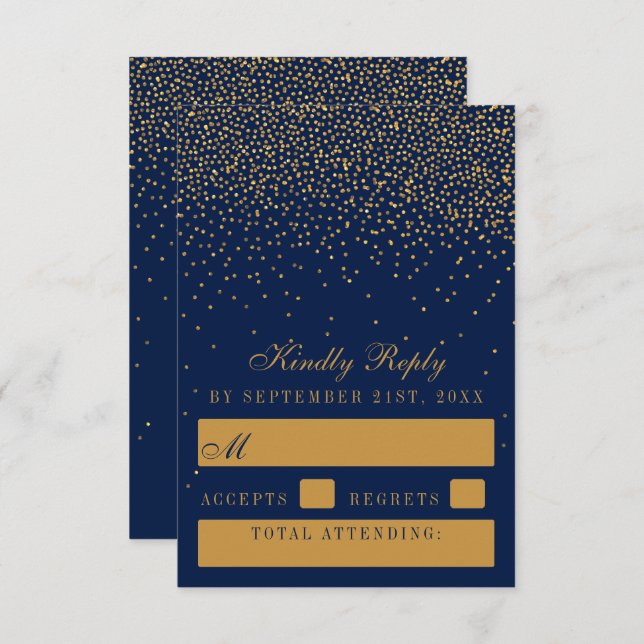 Cartão RSVP Marinho Blue & Glam Dourado Casamento Confetti (Frente/Verso)