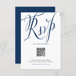 Cartão RSVP Marinho Blue Rustic Calliografia Código QR Casamen