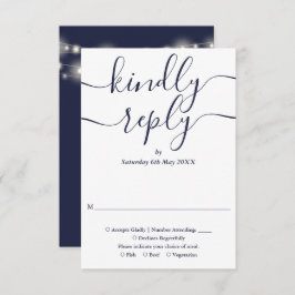 Cartão RSVP Marinho Blue Script String Luzes Casamento