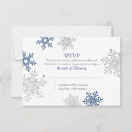 Cartão RSVP Marinho Blue Silver Snowflake Casamento no inverno