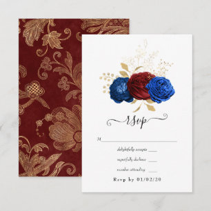 Cartão RSVP Marinho, Casamento Floral Vermelho e Dourado