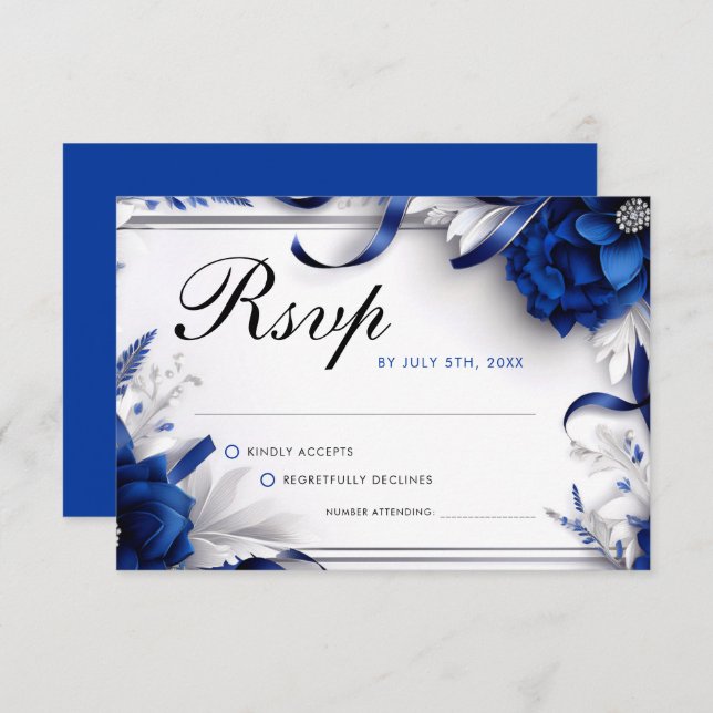 Cartão RSVP Marinho Chic Blue & Silver Flowers Fitas Casamento (Frente/Verso)