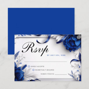 Cartão RSVP Marinho Chic Blue & Silver Flowers Fitas Casamento