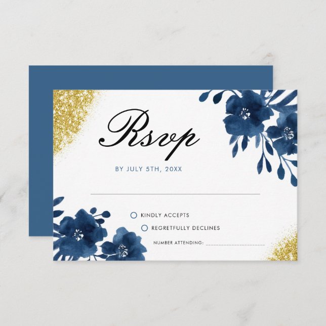 Cartão RSVP Marinho Chic Flutuantes De Aquarela Dourada Casame (Frente/Verso)