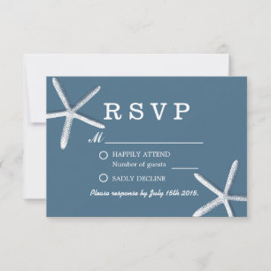 Cartão RSVP Marinho Clássico Azul Starfish Casamento de Praia 