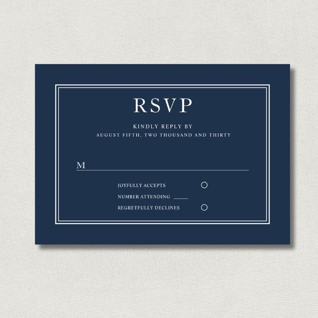 Cartão RSVP Marinho Clássico Moderno Casamento Azul (Modern Elegant Classic Navy Blue Wedding RSVP Card)