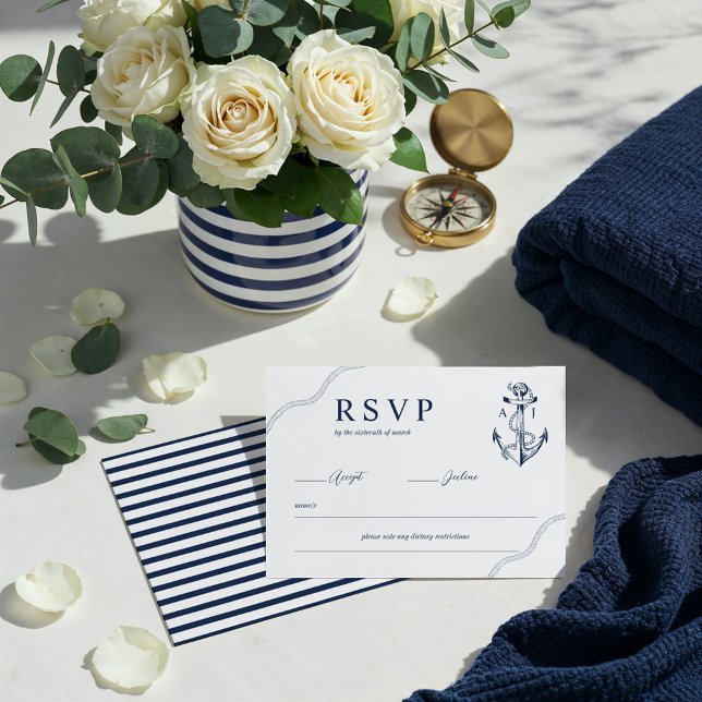 Cartão RSVP Marinho de Anchor e Corda Náutica Monograma e Bran (Anchor & Rope Nautical Monogram Navy & White RSVP Card)