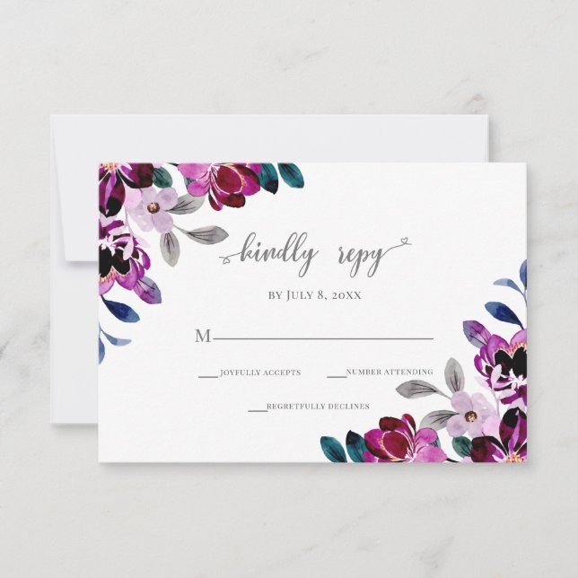 Cartão RSVP Marinho de Aquarela e Casamento Floral Púrpura (Frente)