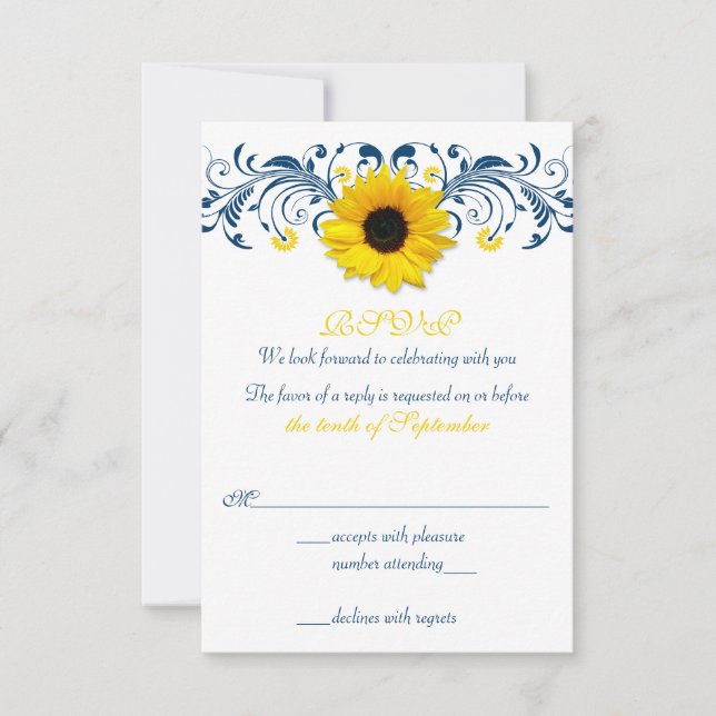 Cartão RSVP Marinho de girassol Casamento Floral Amarelo Azul  (Frente)