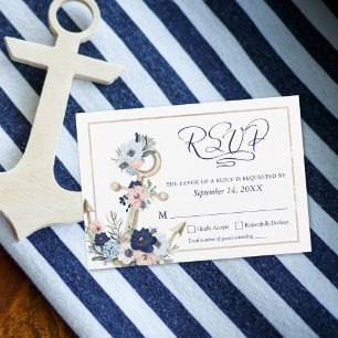 Cartão RSVP Marinho de Script Elegante Floral de Âncora Náut