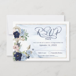 Cartão RSVP Marinho de Script Elegante Floral de Âncora Náutic