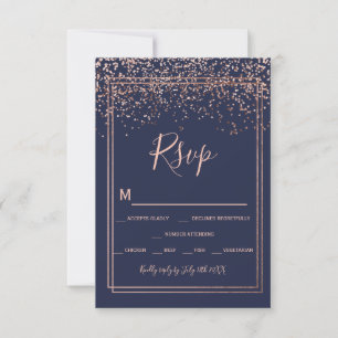 Cartão RSVP marinho dourado confetti rosa linha azul limite rs