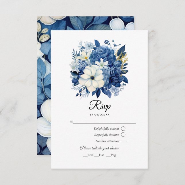 Cartão RSVP Marinho e Casamento Floral Branco (Frente/Verso)