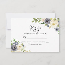 Cartão RSVP Marinho e Flores Brancas de Aquarelas Belo Casamen