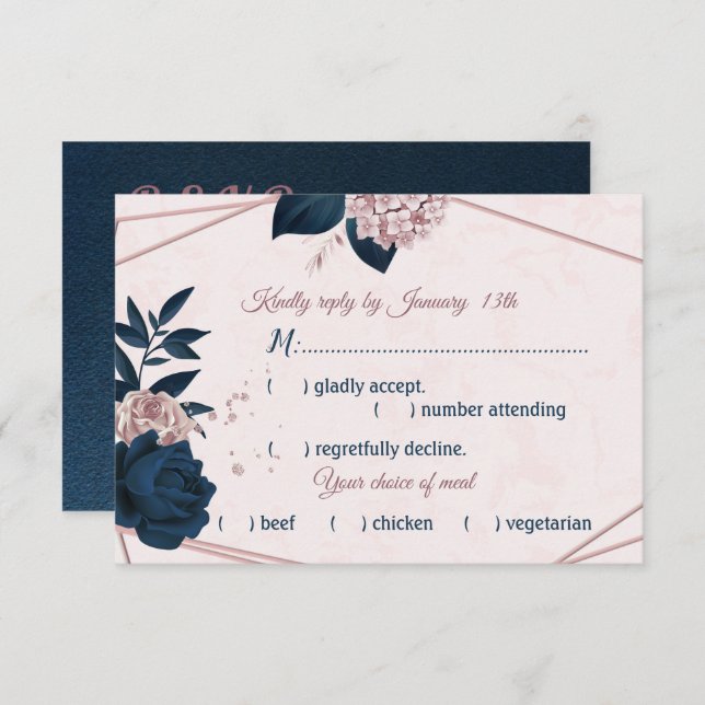 Cartão RSVP marinho e flores rosa poeirentas escolha de refeiç (Frente/Verso)