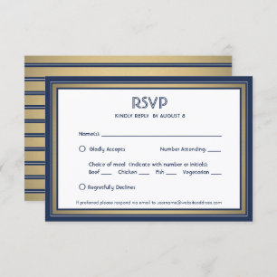 Cartão RSVP Marinho Elegante Azul Branco e Dourado com opções 