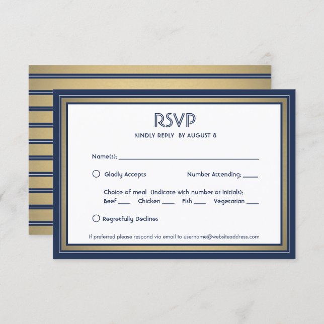 Cartão RSVP Marinho Elegante Azul Branco e Dourado com opções  (Frente/Verso)