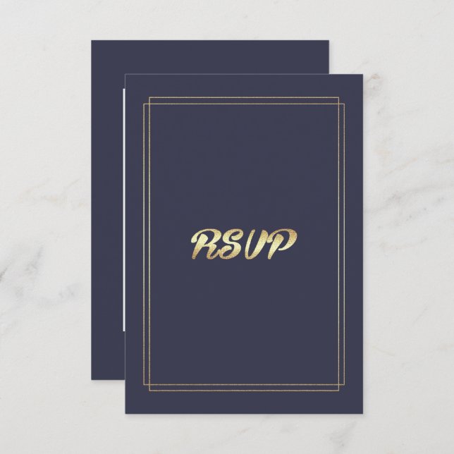 Cartão RSVP Marinho Elegante Azul | Casamento Dourado (Frente/Verso)