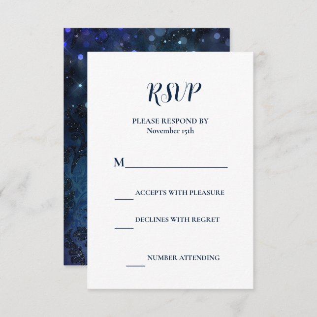 Cartão RSVP Marinho Elegante Casamento no inverno azul (Frente/Verso)
