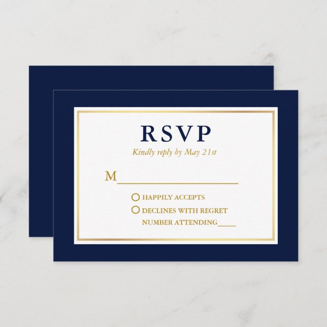Cartão RSVP Marinho Elegante moderno Azul Branco Dourado (Frente/Verso)