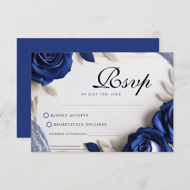 Cartão RSVP Marinho Elegante Rosas Azuis e Silver Glitter Casa (Frente/Verso)