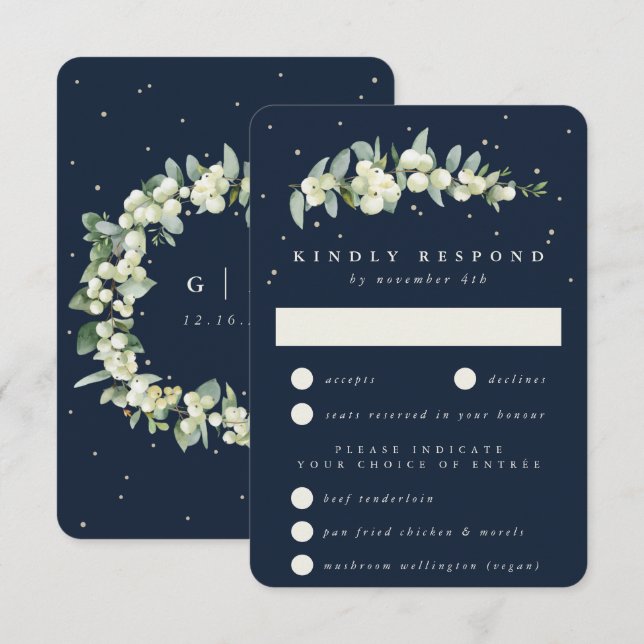 Cartão RSVP Marinho Escuro Snowberry+Eucalyptus Stem Wedding (Frente/Verso)