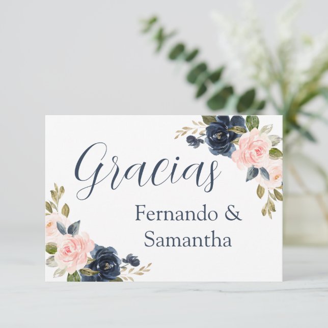 Cartão RSVP Marinho Espanhol Blue Floral Casamento Obrigado (Em pé/Frente)